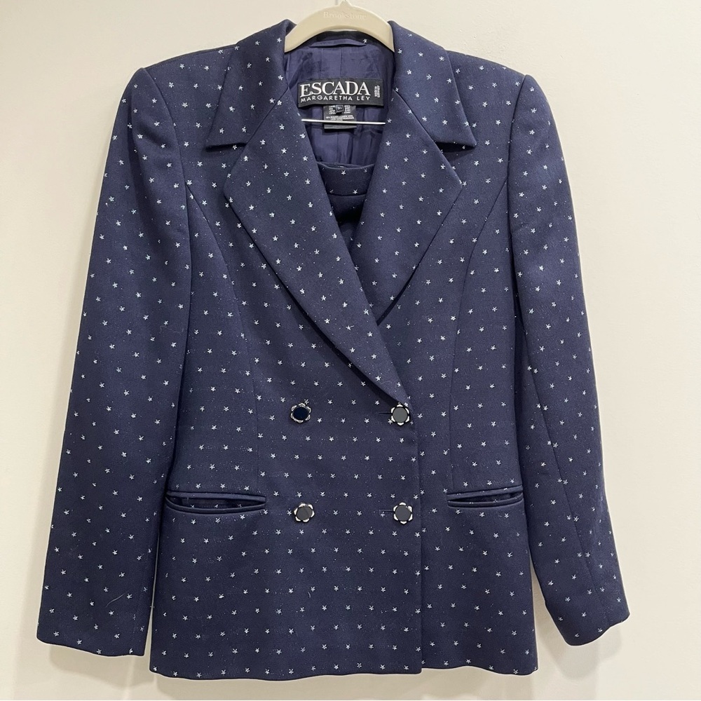 Escada navy blue double breasted wool skirt suit metallic silver star print - Picture 3 of 14